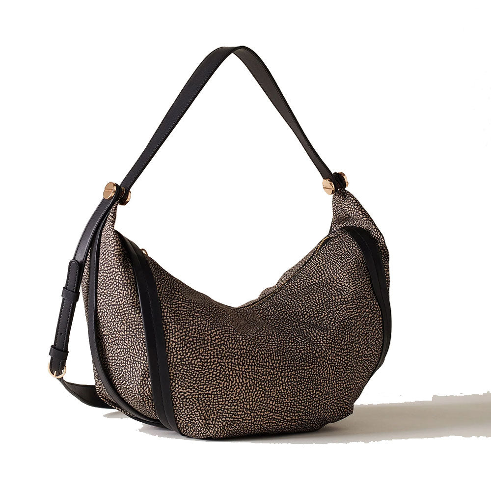 BORBONESE Damen-Hobo-Tasche New Orbit Medium aus natürlichem OP-Stoff und schwarzem Leder