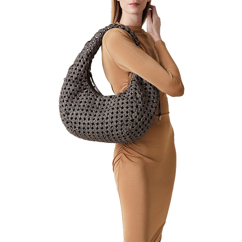 BORBONESE Mittelgroße Hobo-Tasche der La Nido-Linie aus naturschwarzem OP-Nylon