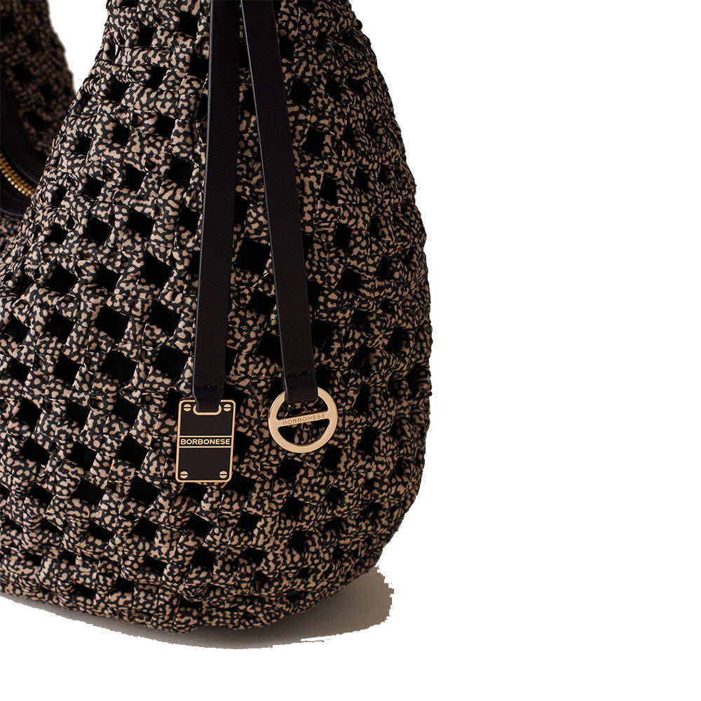 BORBONESE Mittelgroße Hobo-Tasche der La Nido-Linie aus naturschwarzem OP-Nylon