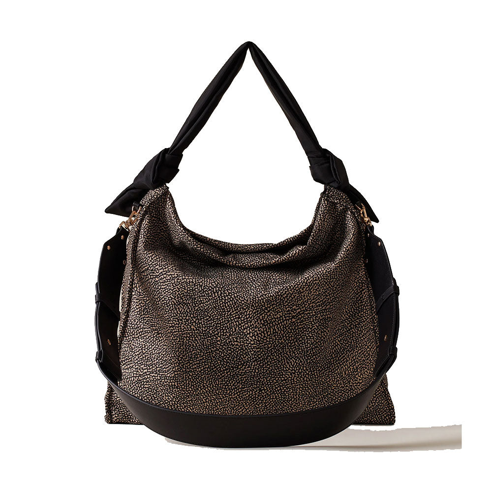 BORBONESE Große Hobo-Damentasche „Lover“ aus bedrucktem Stoff in Natur und Schwarz