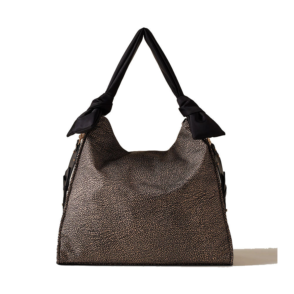 BORBONESE Große Hobo-Damentasche „Lover“ aus bedrucktem Stoff in Natur und Schwarz