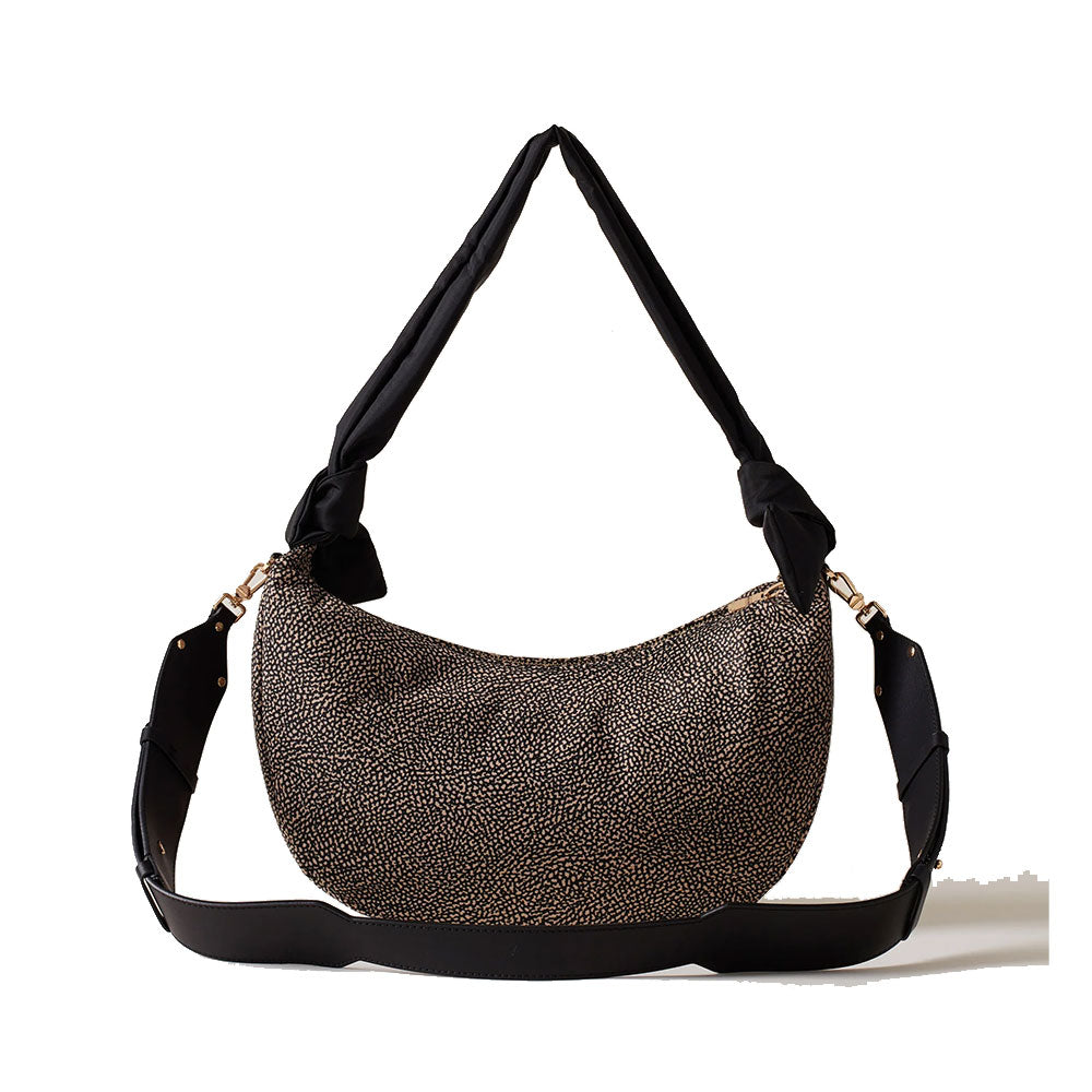 Borsa Donna Hobo Medium BORBONESE linea Lover in Tessuto stampa Op Naturale e Nero