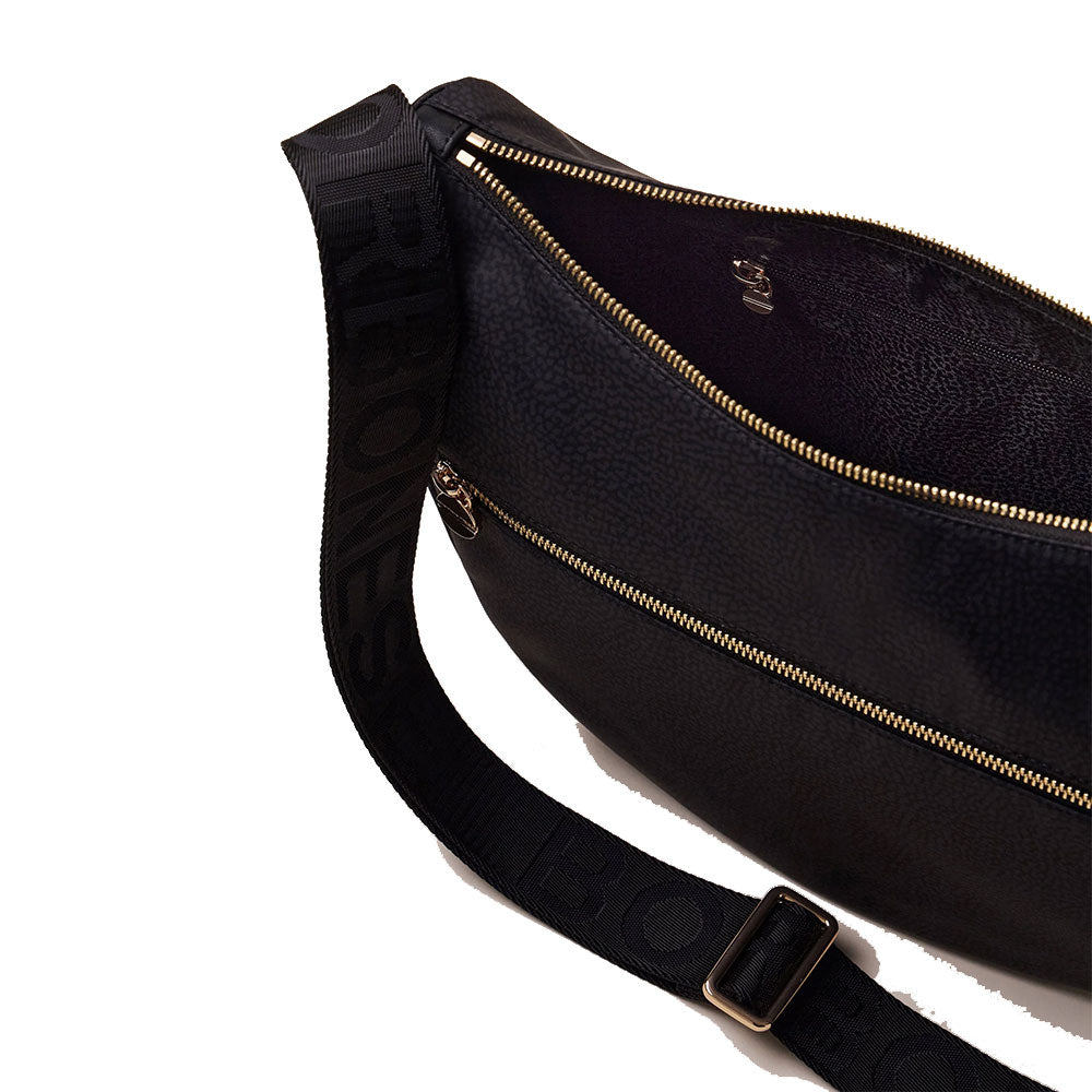 BORBONESE Luna Bag Mittlere Umhängetasche aus dunkelschwarzem OP-Stoff