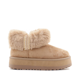 Damen-Plateau-Stiefeletten aus Synthetikstoff mit Eco-Fellimitat-Rand in Khaki