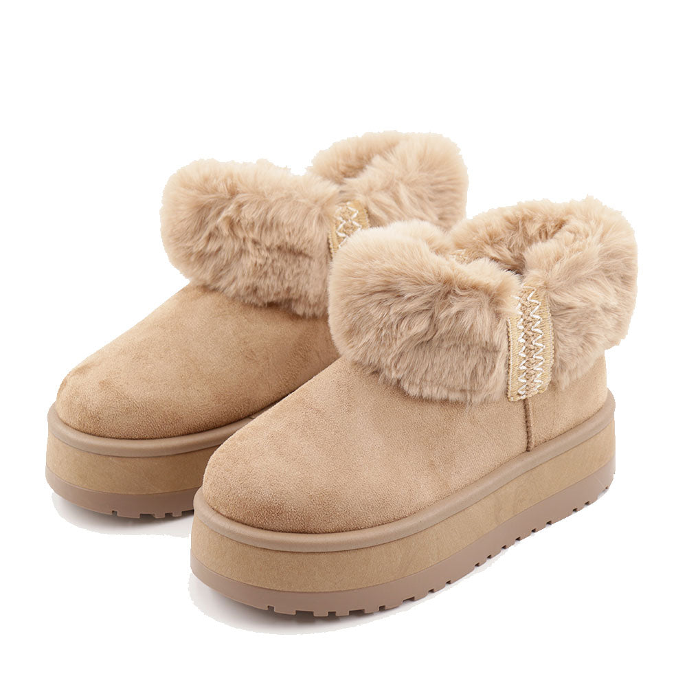 Stivaletti Imbottiti Platform in Tessuto Sintetico con Bordo in Eco Pelliccia color Khaki