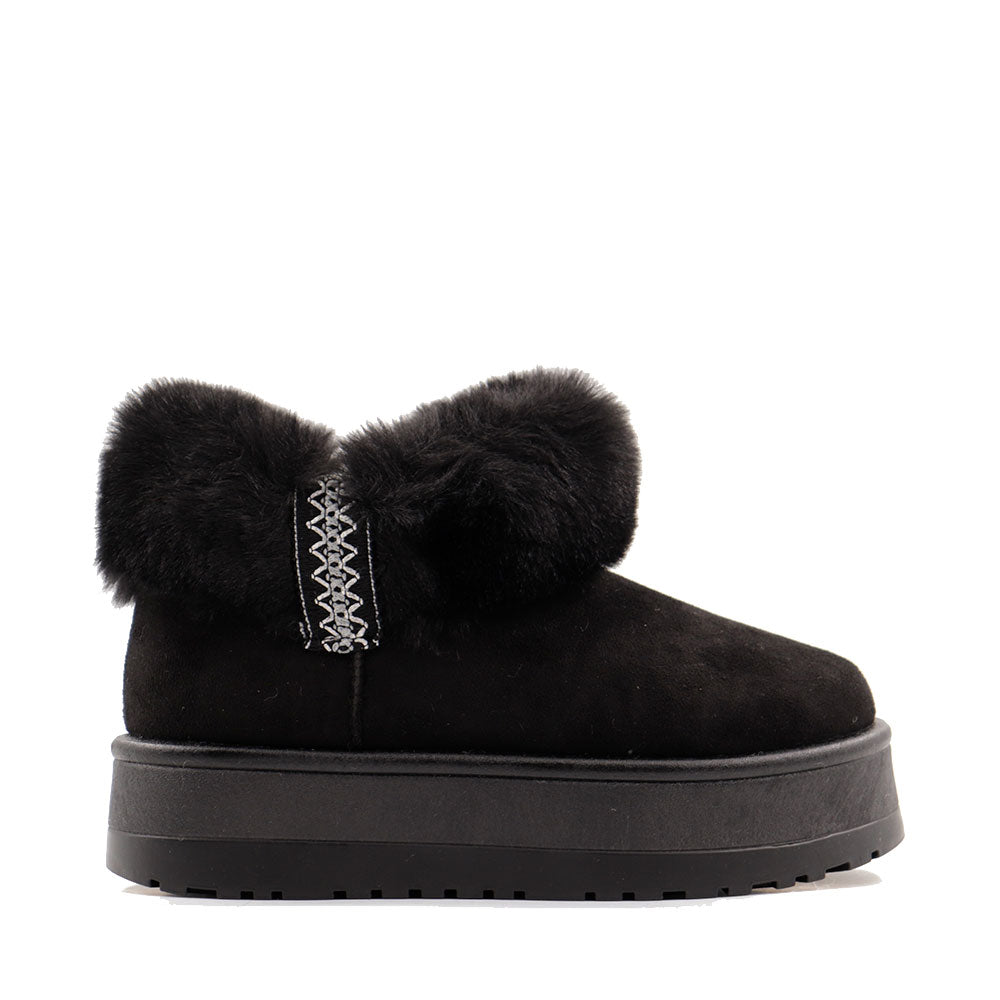 Stivaletti Imbottiti Platform in Tessuto Sintetico con Bordo in Eco Pelliccia Nero