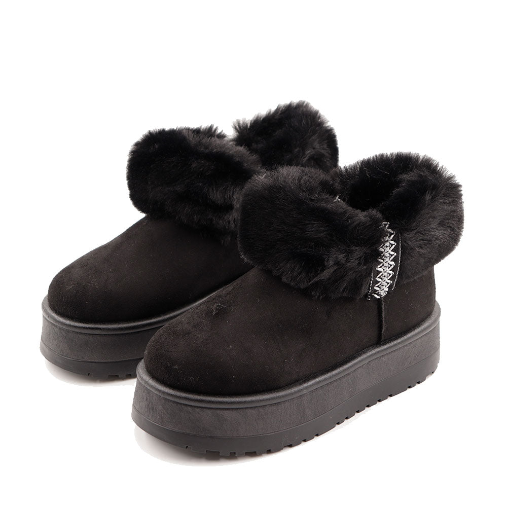 Stivaletti Imbottiti Platform in Tessuto Sintetico con Bordo in Eco Pelliccia Nero