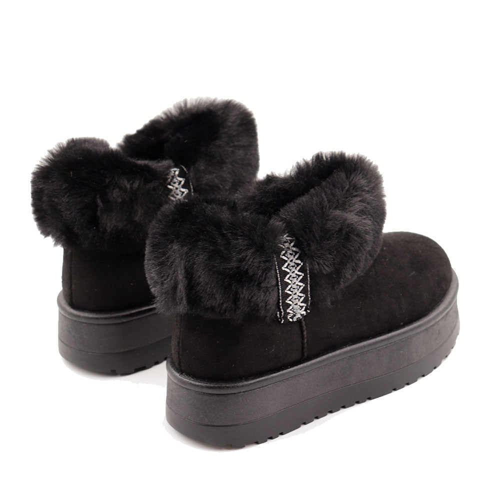 Stivaletti Imbottiti Platform in Tessuto Sintetico con Bordo in Eco Pelliccia Nero