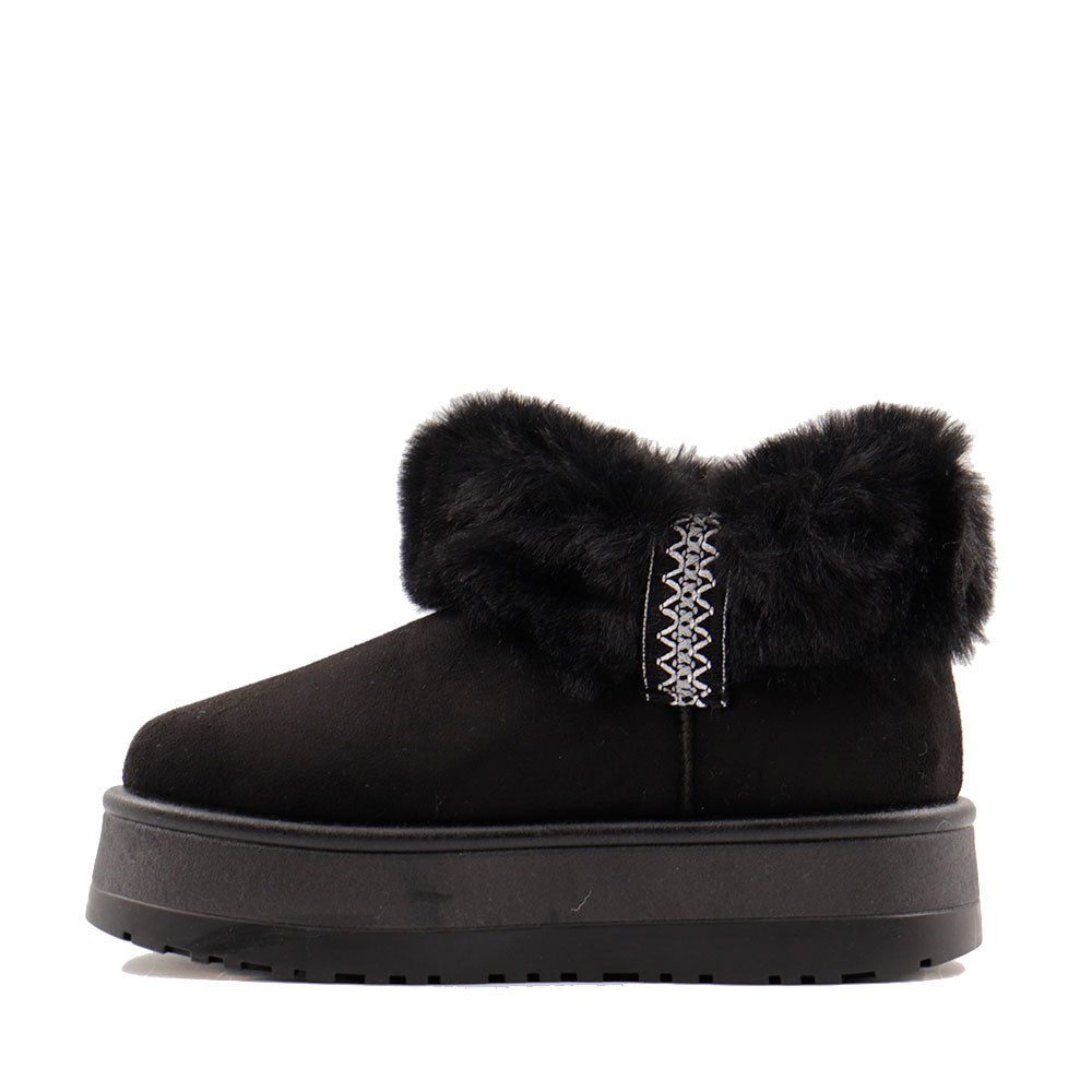 Stivaletti Imbottiti Platform in Tessuto Sintetico con Bordo in Eco Pelliccia Nero