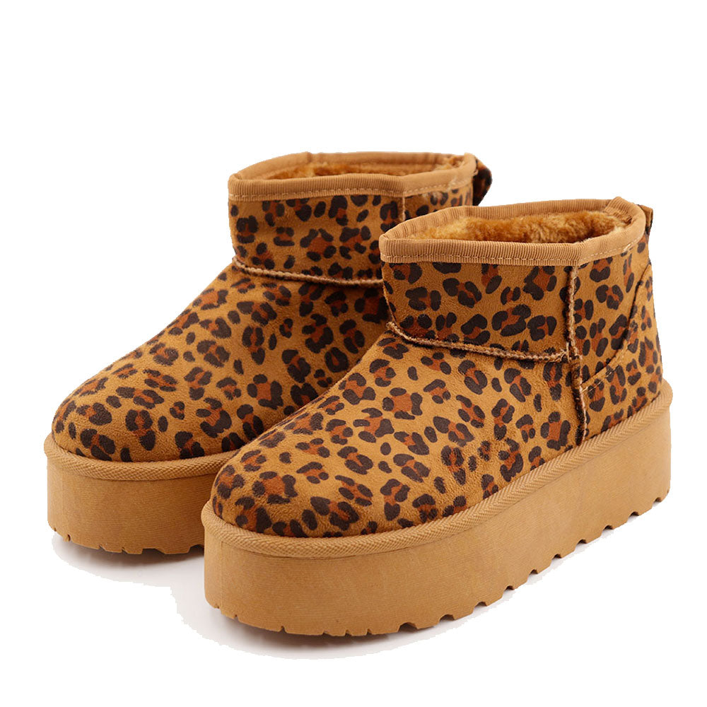 Stivaletti Imbottiti Platform in Tessuto Sintetico e Eco Pelliccia stampa Leopard