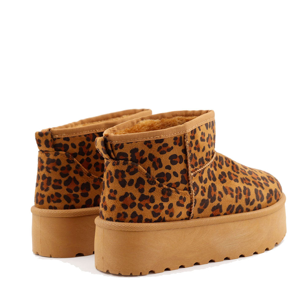 Stivaletti Imbottiti Platform in Tessuto Sintetico e Eco Pelliccia stampa Leopard