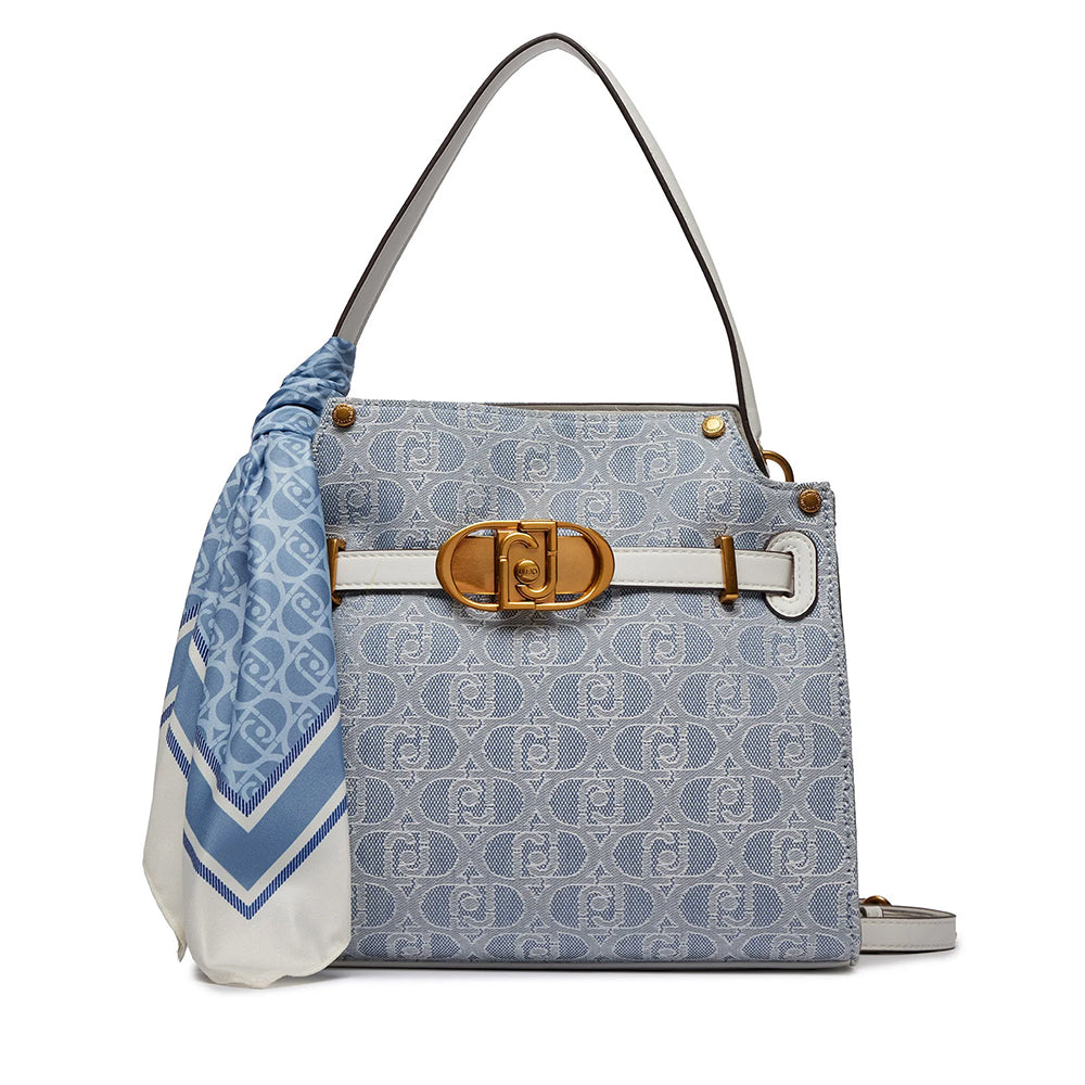 LIU JO Damenhandtasche aus blauem Denim-Jacquard-Stoff mit Schal