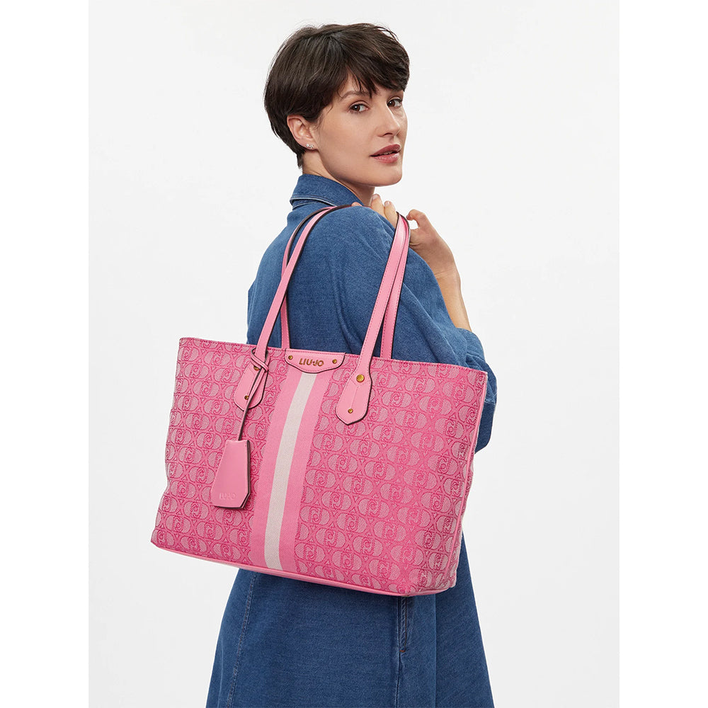 LIU JO Einkaufstasche aus Stoff mit Jacquard-Logo in Lady Pink