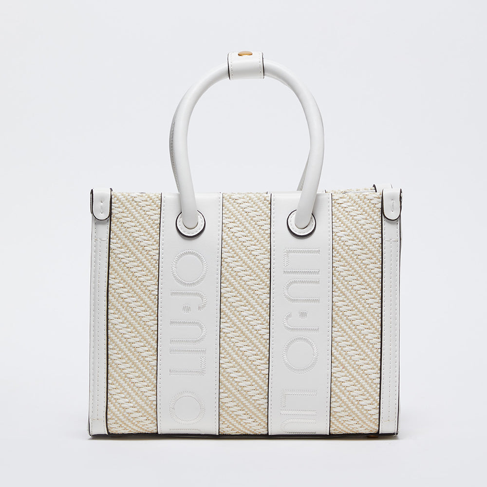 Borsa Donna a Mano LIU JO in Rafia con Logo Ricamato Off White