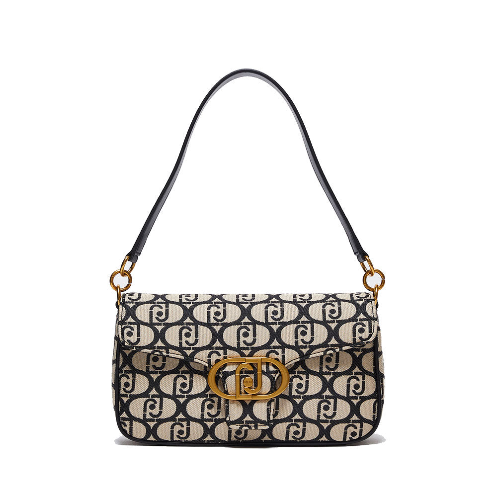 Borsa Donna a Spalla con Tracolla LIU JO in Tessuto Jacquard con Logo All Over Nero