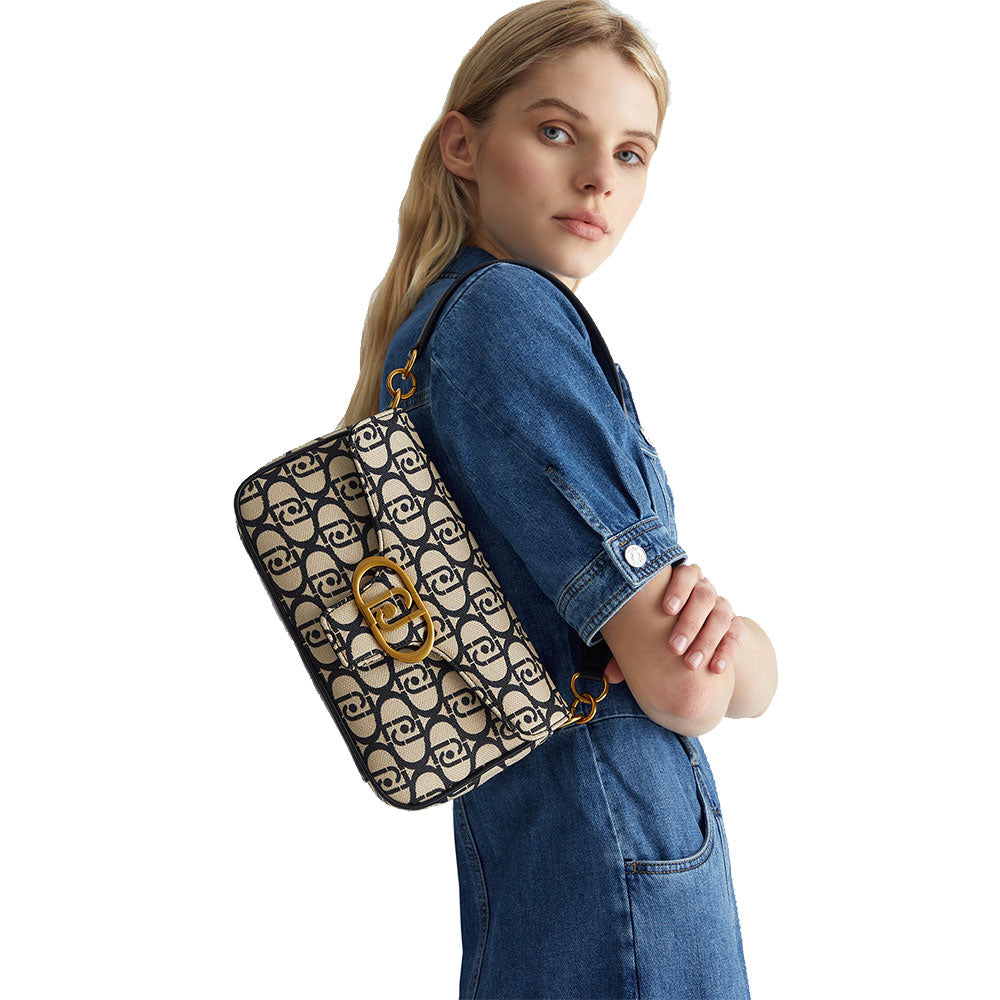 Borsa Donna a Spalla con Tracolla LIU JO in Tessuto Jacquard con Logo All Over Nero