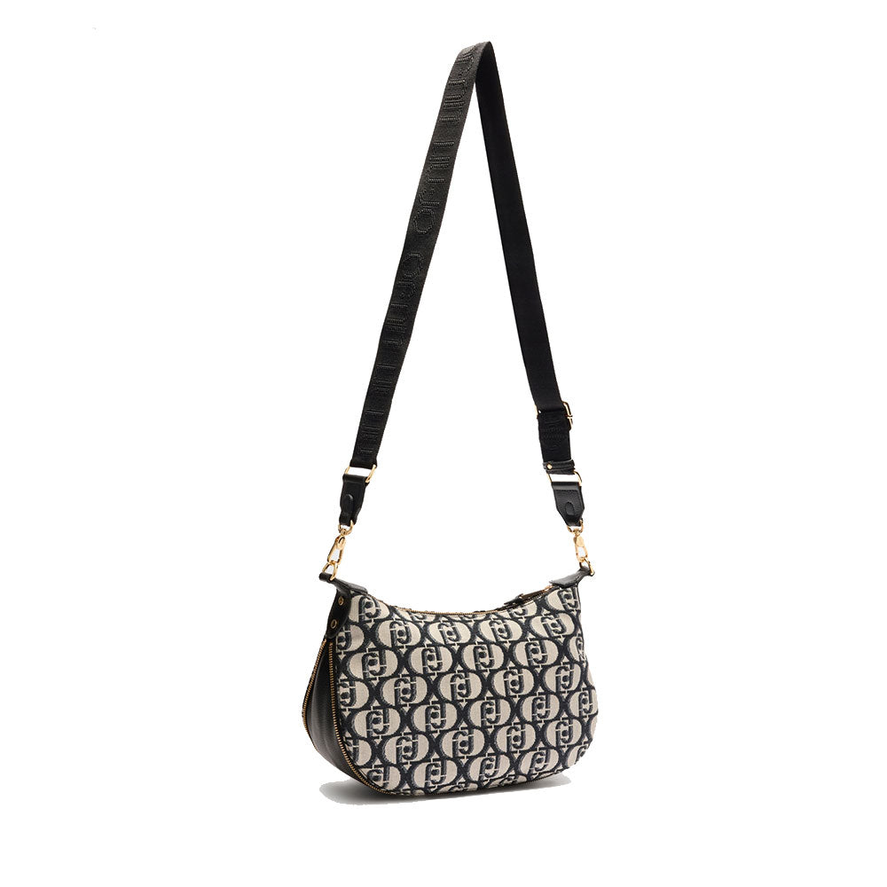 Hobo Bag Media con Tracolla LIU JO in Tessuto Jacquard con Logo All Over Nero