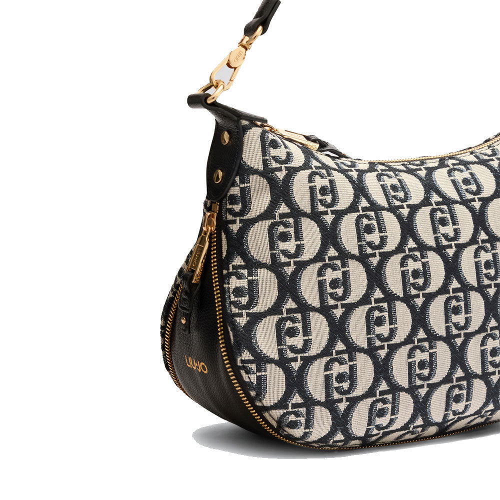 Hobo Bag Media con Tracolla LIU JO in Tessuto Jacquard con Logo All Over Nero