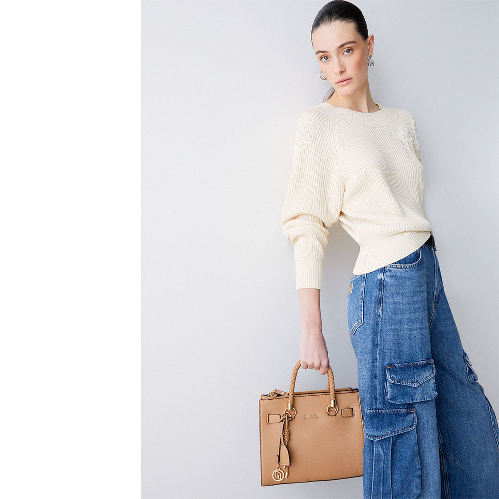 Borsa Donna a Mano LIU JO Better effetto Bottalato color Cammello con Charm