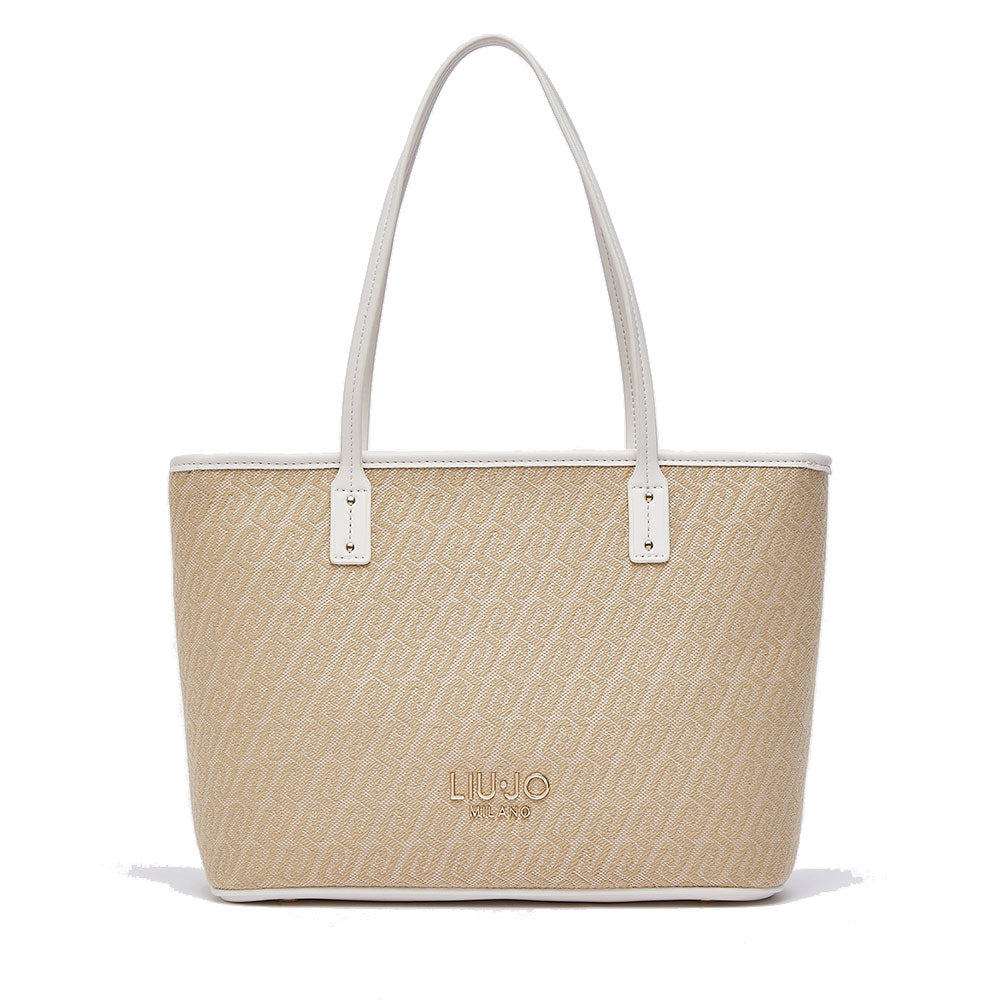 Shopping Bag Donna LIU JO in Tessuto Jacquard Beige con Logo All Over