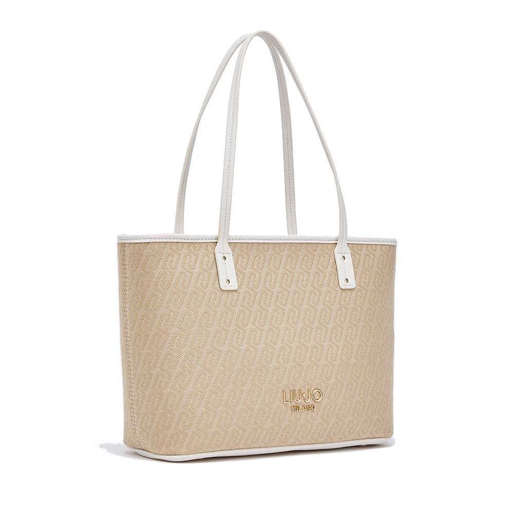 Shopping Bag Donna LIU JO in Tessuto Jacquard Beige con Logo All Over