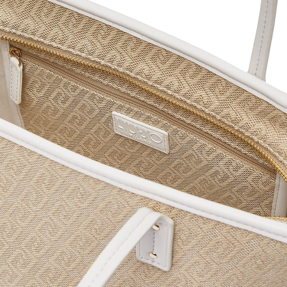 Shopping Bag Donna LIU JO in Tessuto Jacquard Beige con Logo All Over