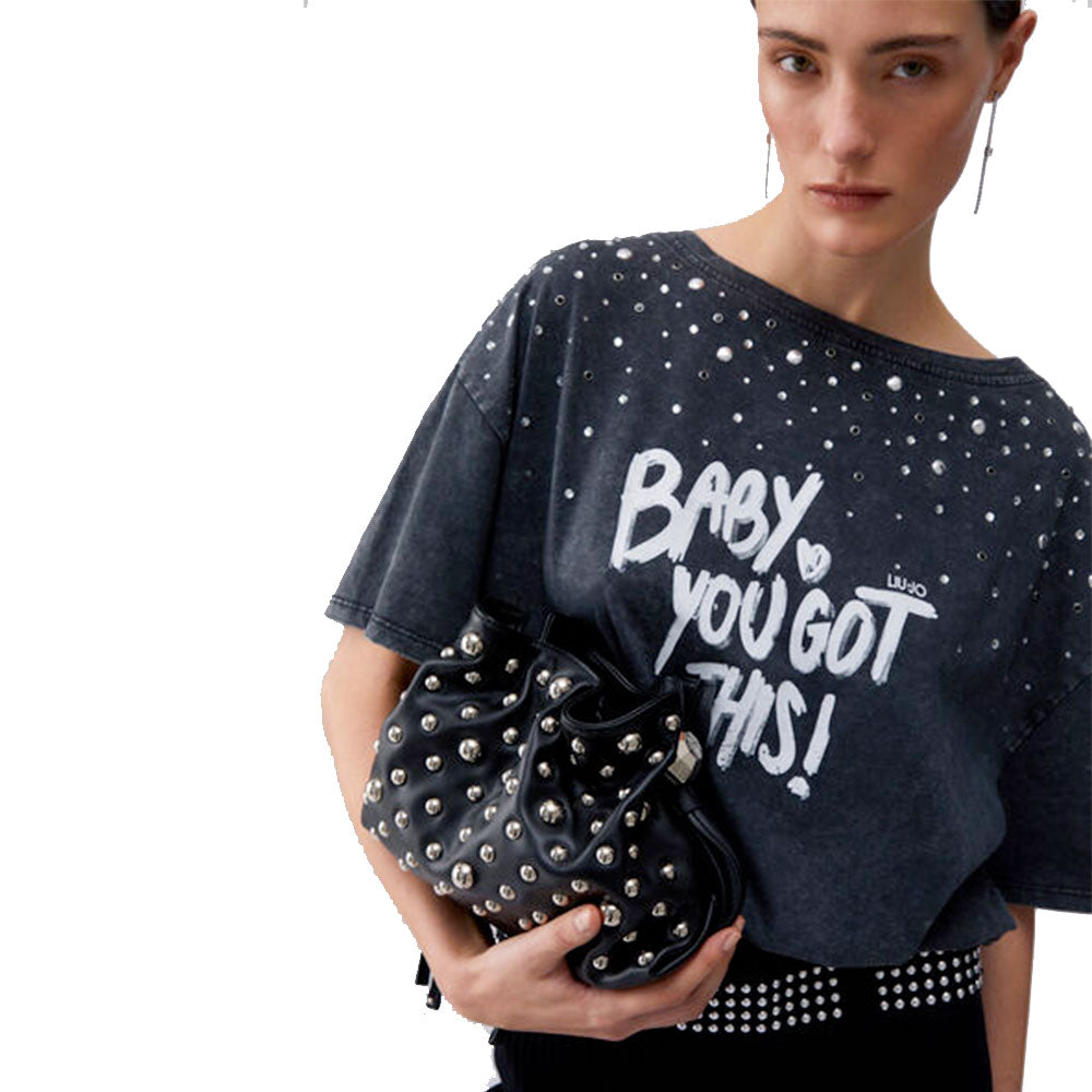 Borsa Donna a Spalla Small LIU JO linea Riccy in Ecopelle Nera con Borchie