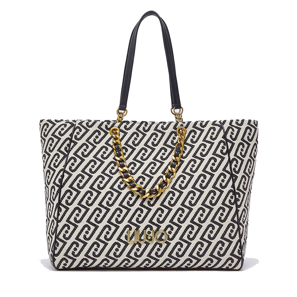 Shopping Bag Large Donna LIU JO in Tessuto Jacquard Bianco e Nero con Logo Monogram
