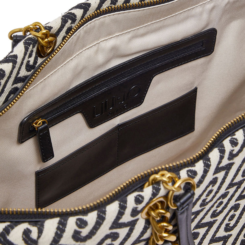 Shopping Bag Large Donna LIU JO in Tessuto Jacquard Bianco e Nero con Logo Monogram