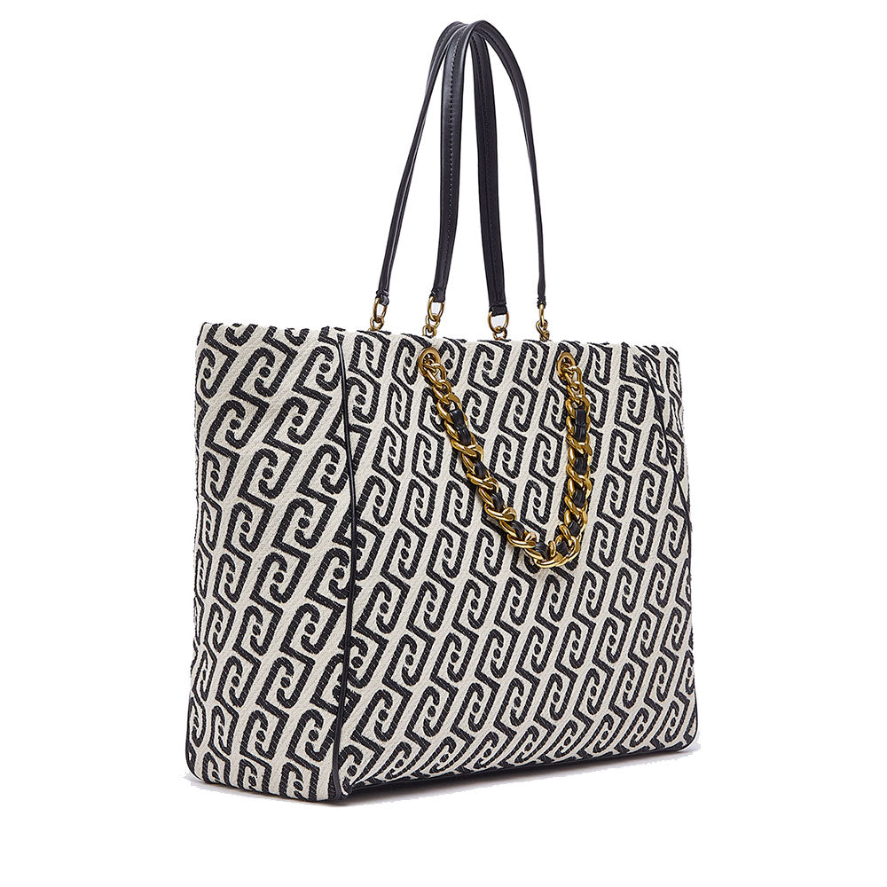 Shopping Bag Large Donna LIU JO in Tessuto Jacquard Bianco e Nero con Logo Monogram