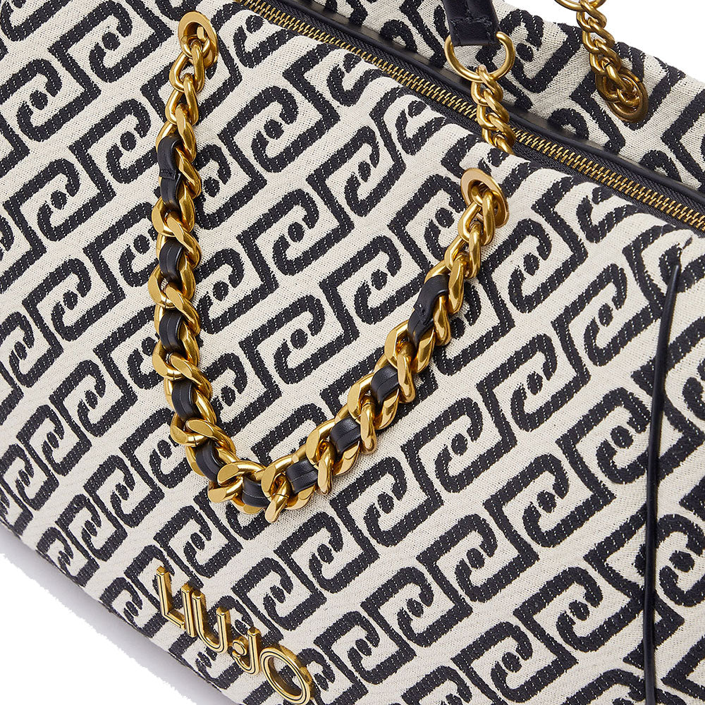Shopping Bag Large Donna LIU JO in Tessuto Jacquard Bianco e Nero con Logo Monogram