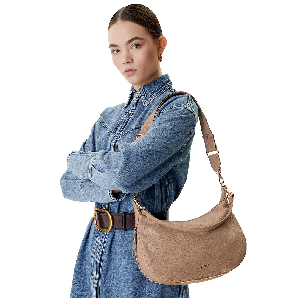 Hobo Bag Media con Tracolla LIU JO color Crema con Logo Laserato Monogram
