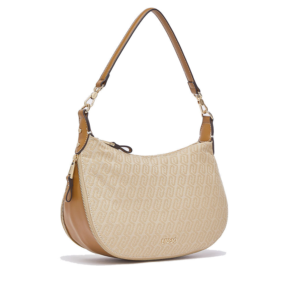 Hobo Bag Media con Tracolla LIU JO in Tessuto Jacquard Beige con Logo All Over