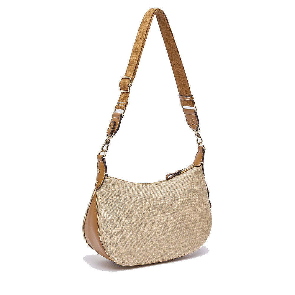 Hobo Bag Media con Tracolla LIU JO in Tessuto Jacquard Beige con Logo All Over