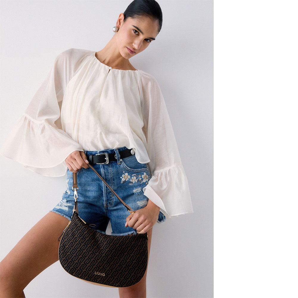 Hobo Bag Media con Tracolla LIU JO in Tessuto Jacquard Testa di Moro con Logo All Over