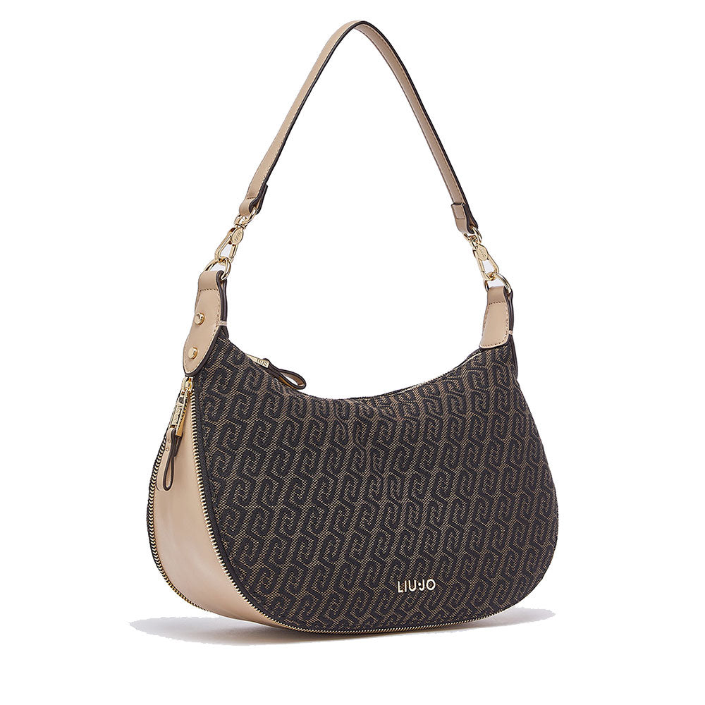 Hobo Bag Media con Tracolla LIU JO in Tessuto Jacquard Testa di Moro con Logo All Over