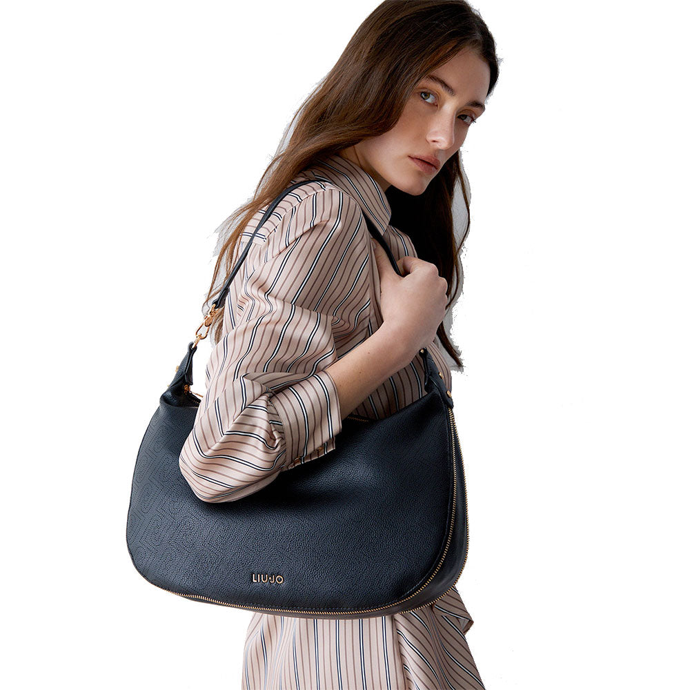 Hobo Bag Large con Tracolla LIU JO Nera con Logo Laserato Monogram