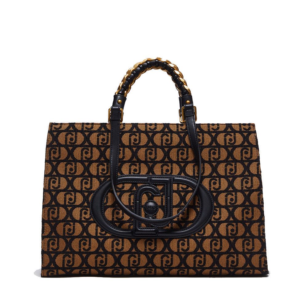 Shopping Bag Large a Mano e a Spalla LIU JO in Tessuto Jacquard Marrone con Logo All Over