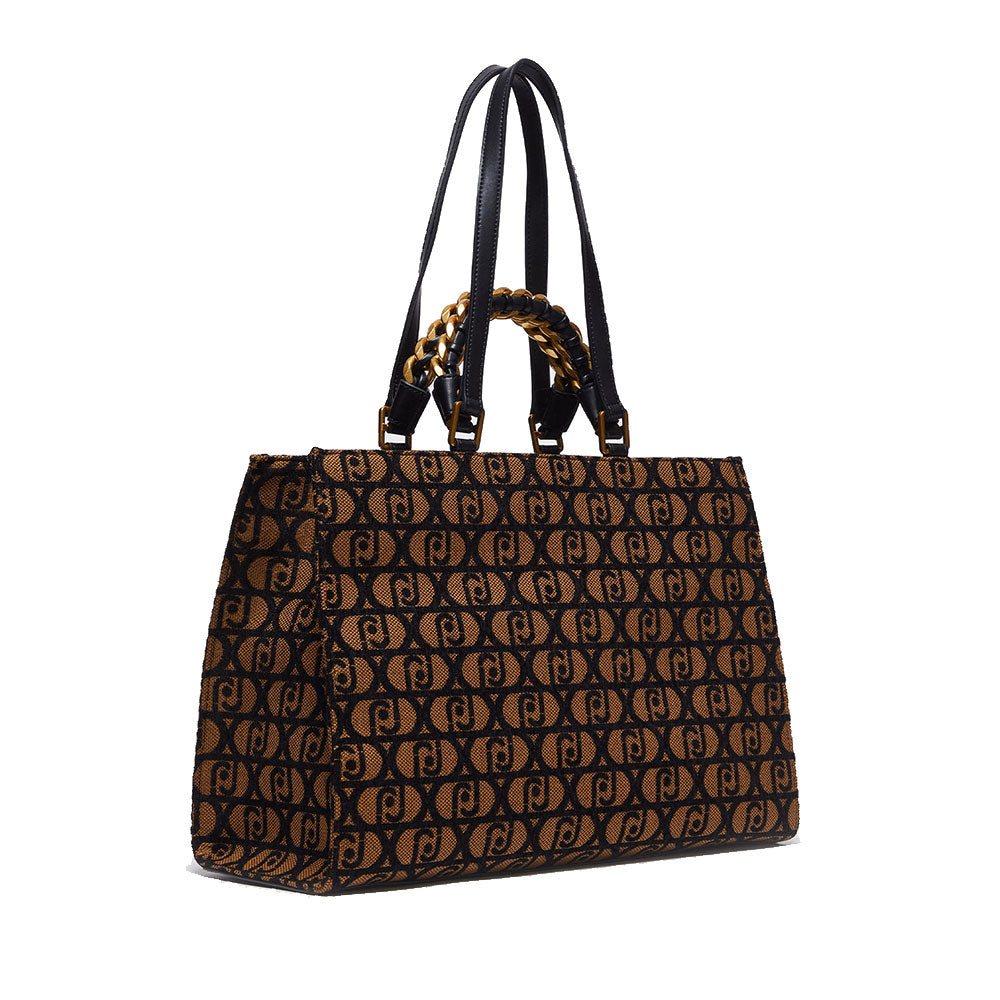 Shopping Bag Large a Mano e a Spalla LIU JO in Tessuto Jacquard Marrone con Logo All Over