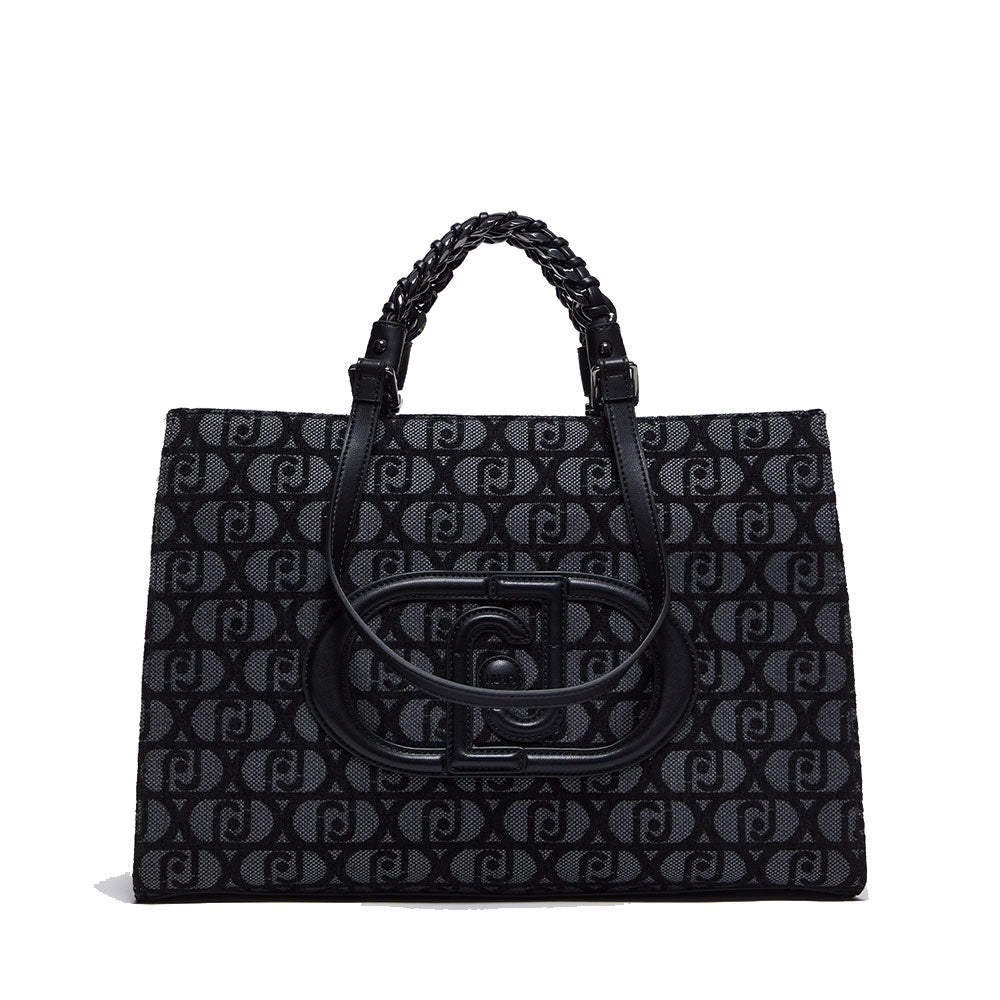 Shopping Bag Large a Mano e a Spalla LIU JO in Tessuto Jacquard Nero con Logo All Over