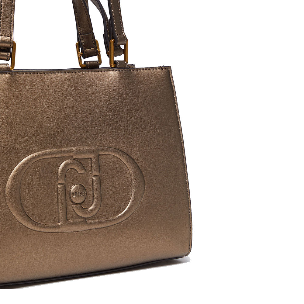 Shopping Bag a Mano e a Spalla LIU JO Better Metallizzato Bronzo con Maxi Logo in Rilievo