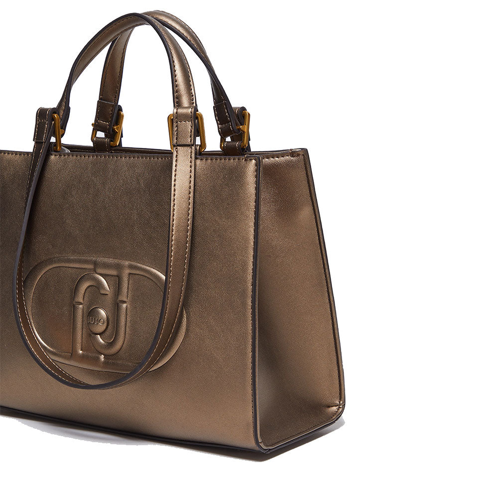 Shopping Bag a Mano e a Spalla LIU JO Better Metallizzato Bronzo con Maxi Logo in Rilievo