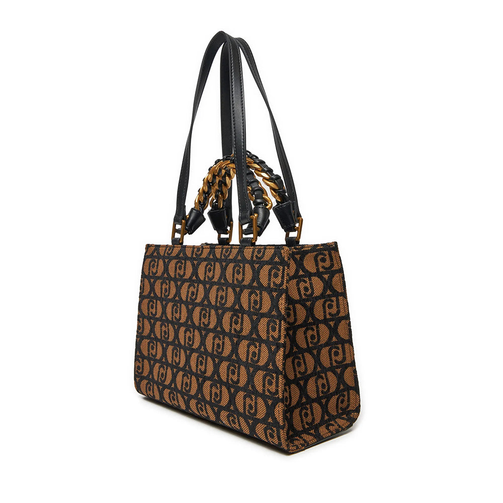 Shopping Bag a Mano e a Spalla LIU JO in Tessuto Jacquard Nero con Logo All Over