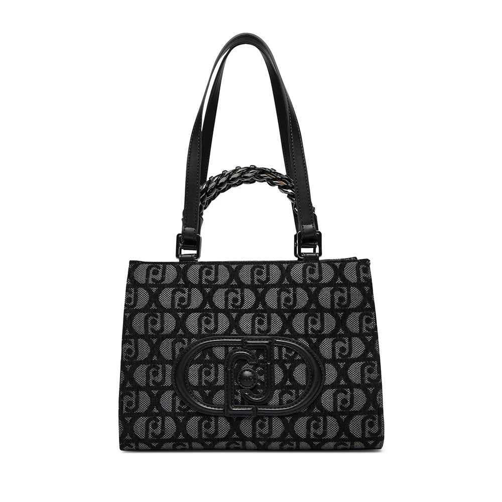 Shopping Bag a Mano e a Spalla LIU JO in Tessuto Jacquard Nero con Logo All Over