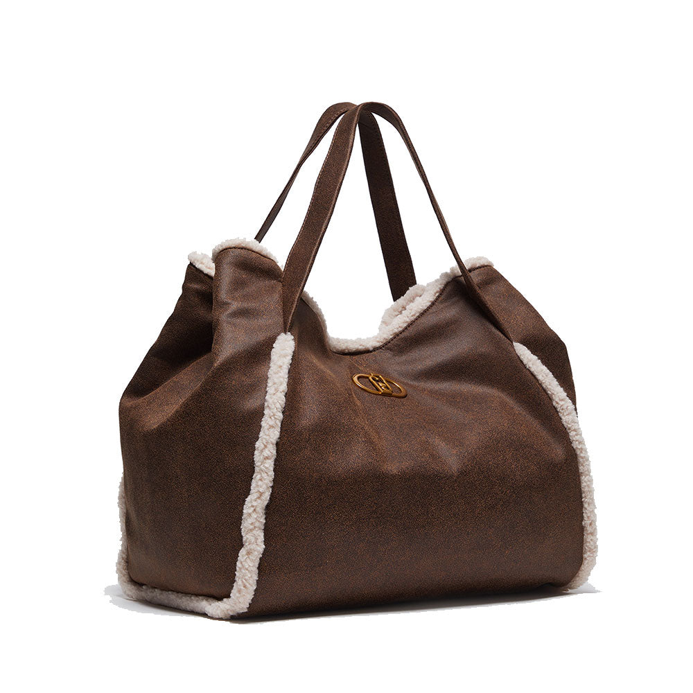 Maxi Shopping Bag LIU JO in Tessuto Spalmato Marrone con Inserti Teddy