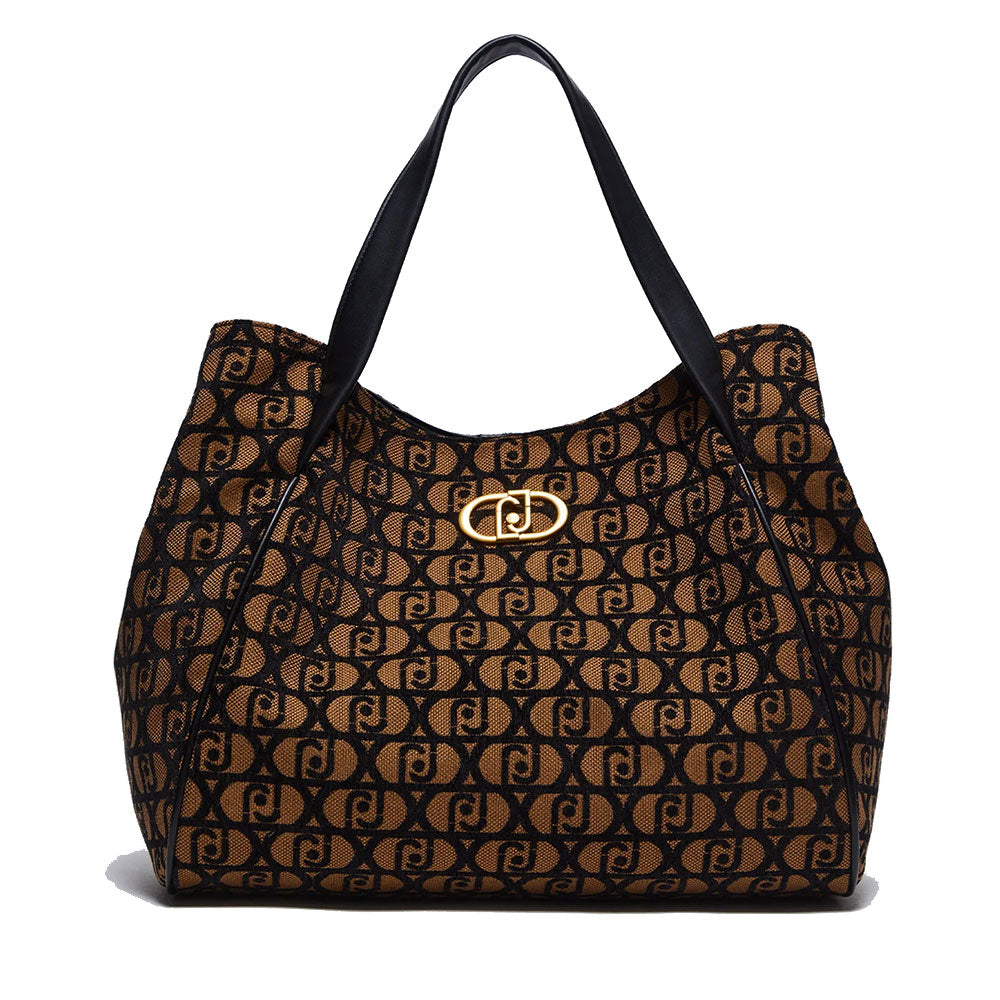 Maxi Shopping Bag LIU JO in Tessuto Jacquard Marrone con Logo All Over