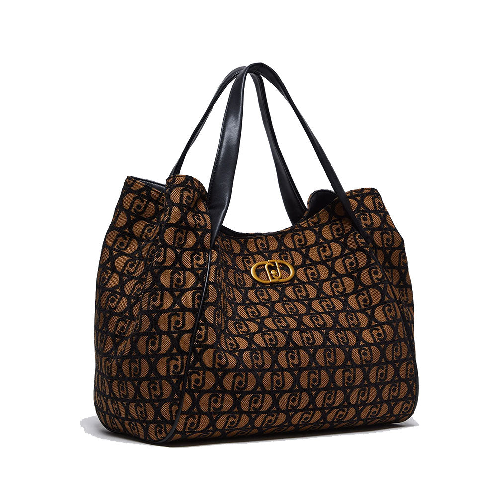 Maxi Shopping Bag LIU JO in Tessuto Jacquard Marrone con Logo All Over