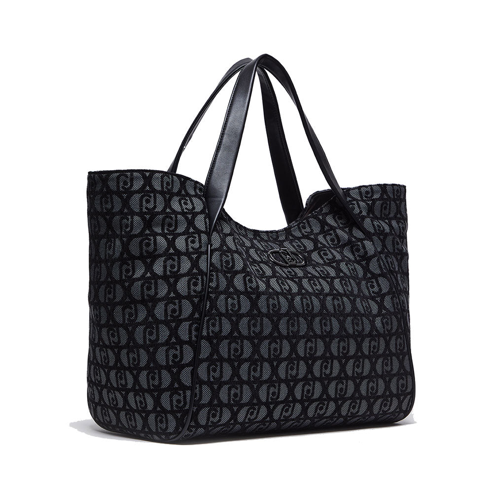 Maxi Shopping Bag LIU JO in Tessuto Jacquard Nero con Logo All Over