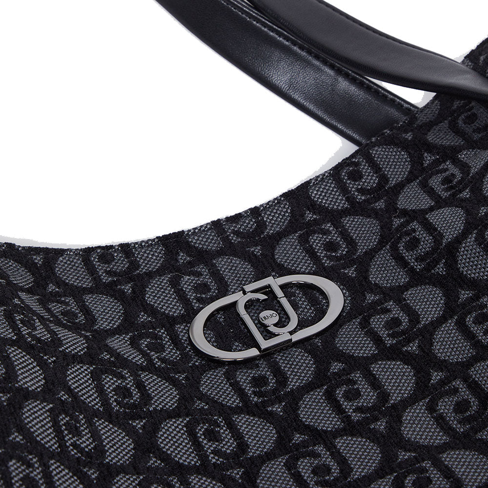 Maxi Shopping Bag LIU JO in Tessuto Jacquard Nero con Logo All Over