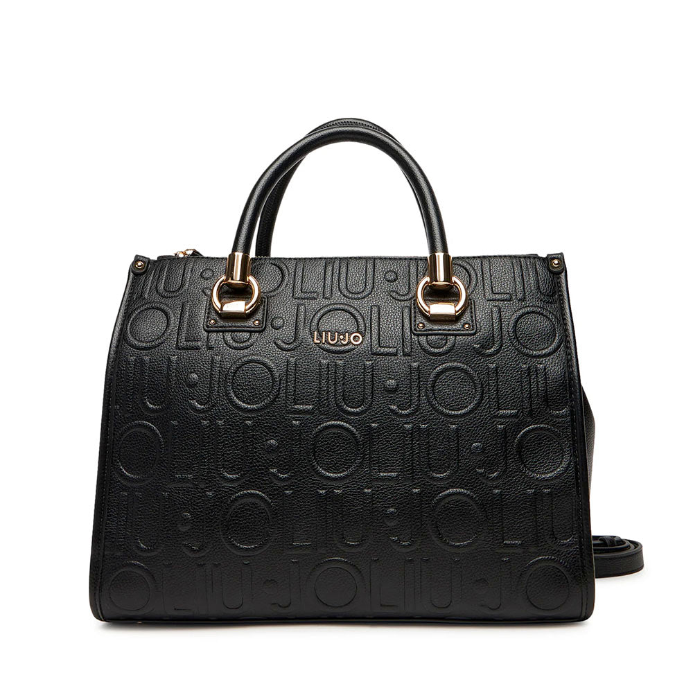 Borsa Donna a Mano Media LIU JO effetto Bottalato con Logo in Rilievo All Over Nero